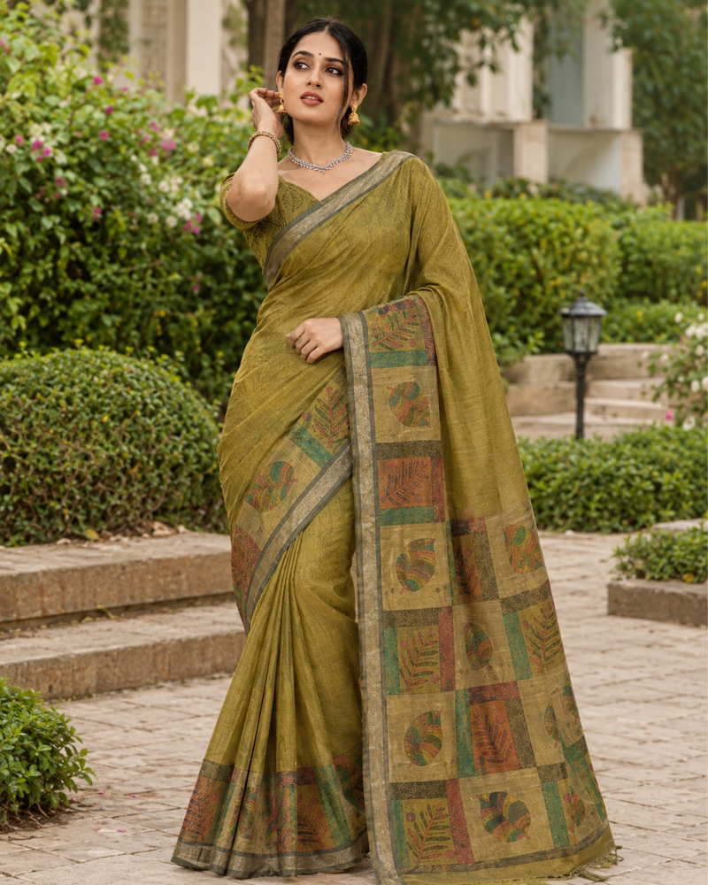 Olive Moss Green Folk Botanical Tile Premium Silk Saree