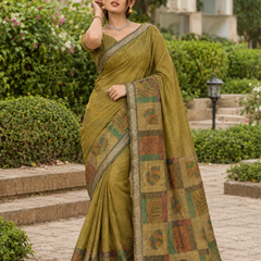Olive Moss Green Folk Botanical Tile Premium Silk Saree