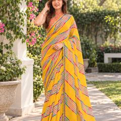 Canary Yellow Chevron Leheriya Scallop Saree