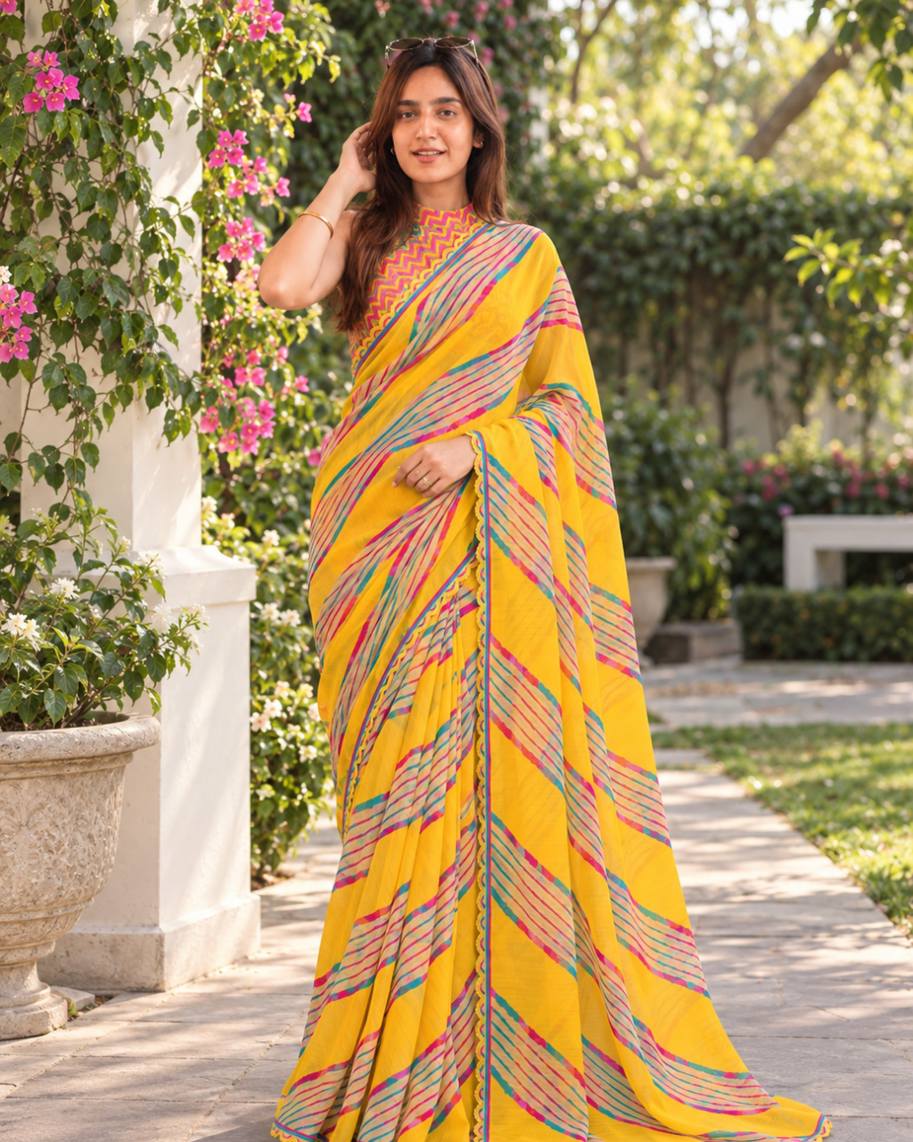 Canary Yellow Chevron Leheriya Scallop Saree