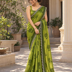 Olive Green Sunflower Print Fandy Silk Saree