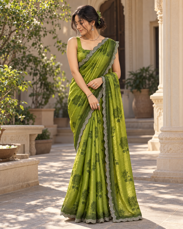 Olive Green Sunflower Print Fandy Silk Saree