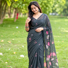 Charcoal Grey Pichwai Lotus Garden Linen Saree