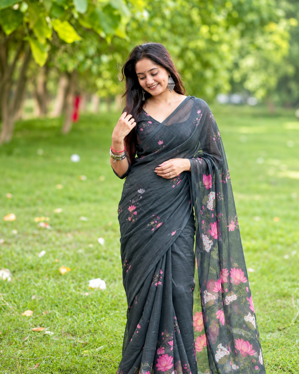 Charcoal Grey Pichwai Lotus Garden Linen Saree