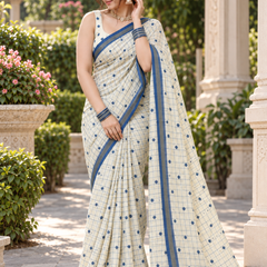 Pastel Cream Windowpane Royal Blue Chanderi Saree