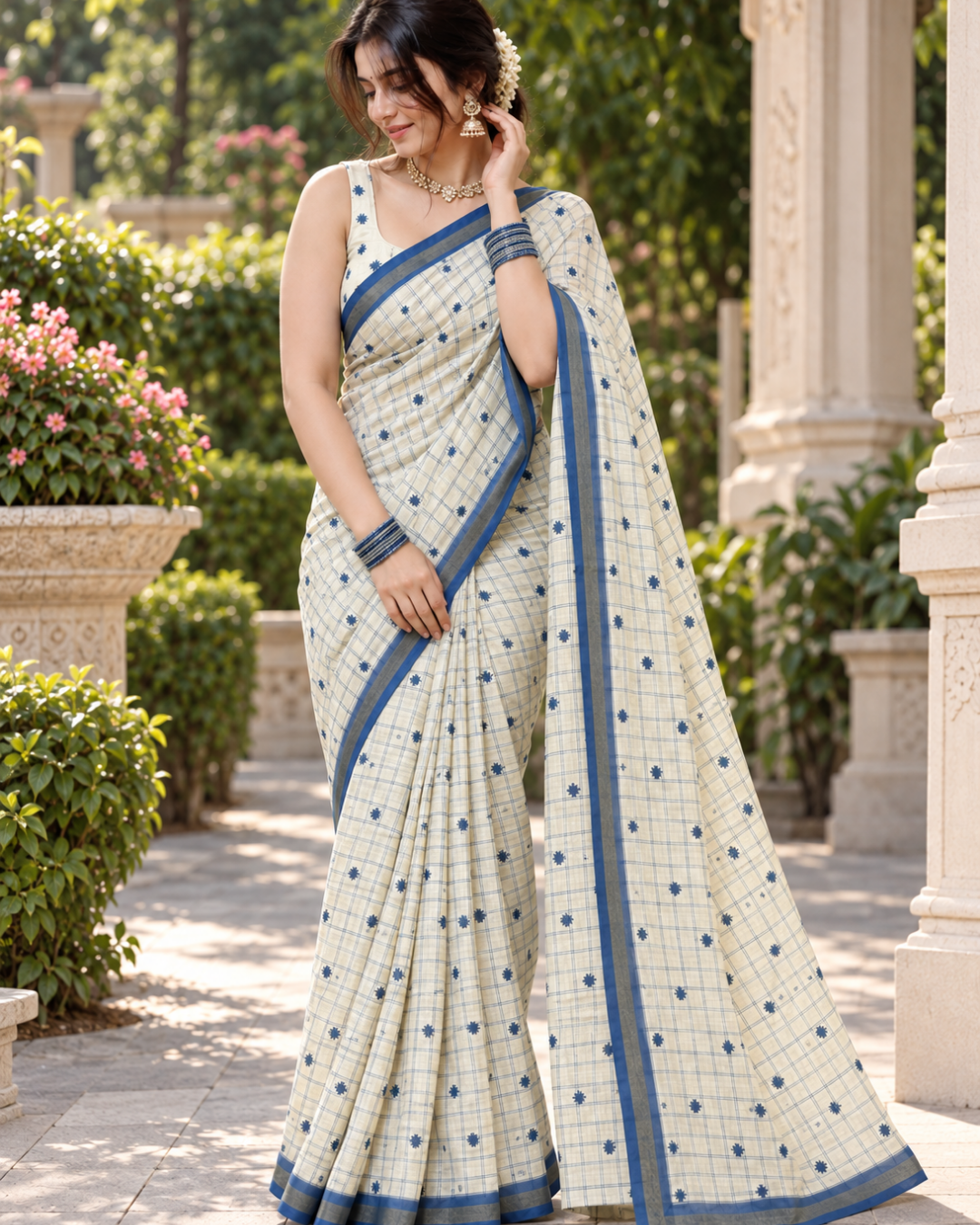 Pastel Cream Windowpane Royal Blue Chanderi Saree