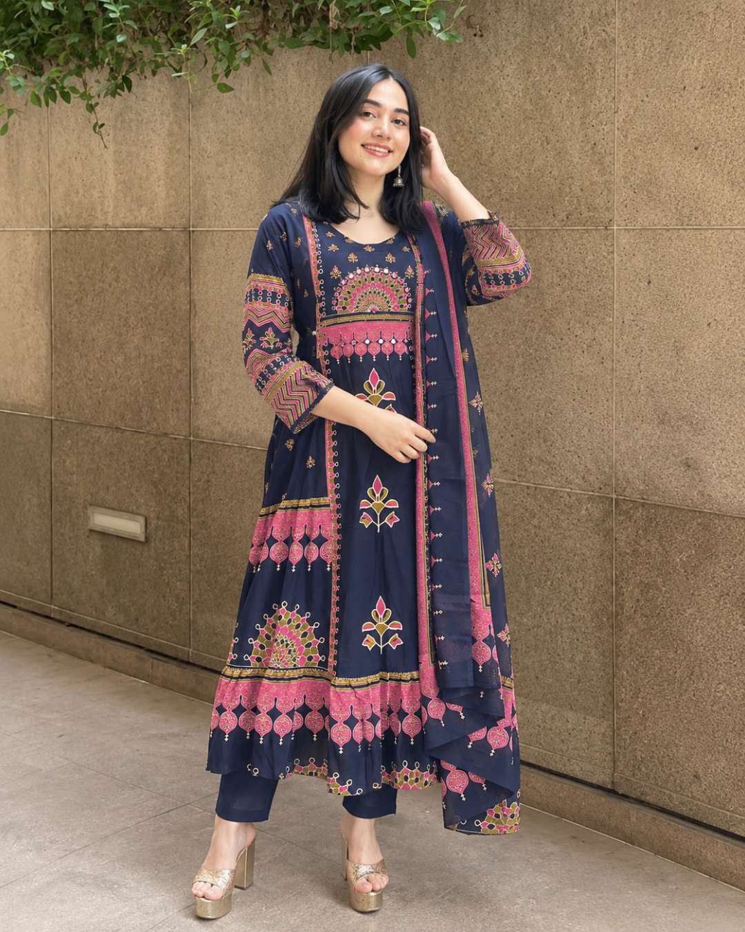 Navy Blue Festive Mandala Kurti Set