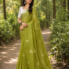 Olive Green Floral Chanderi Saree