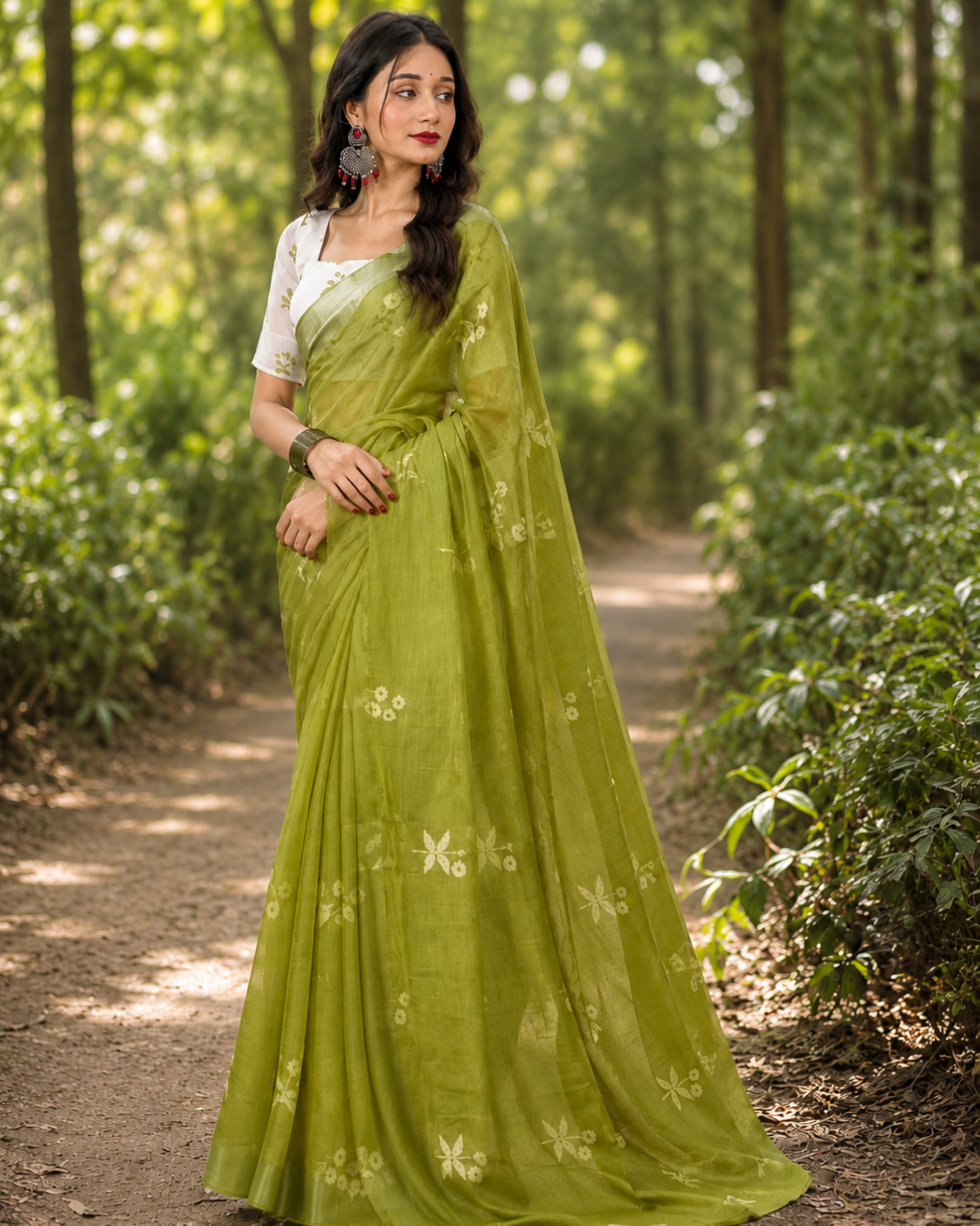 Olive Green Floral Chanderi Saree