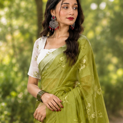 Olive Green Floral Chanderi Saree