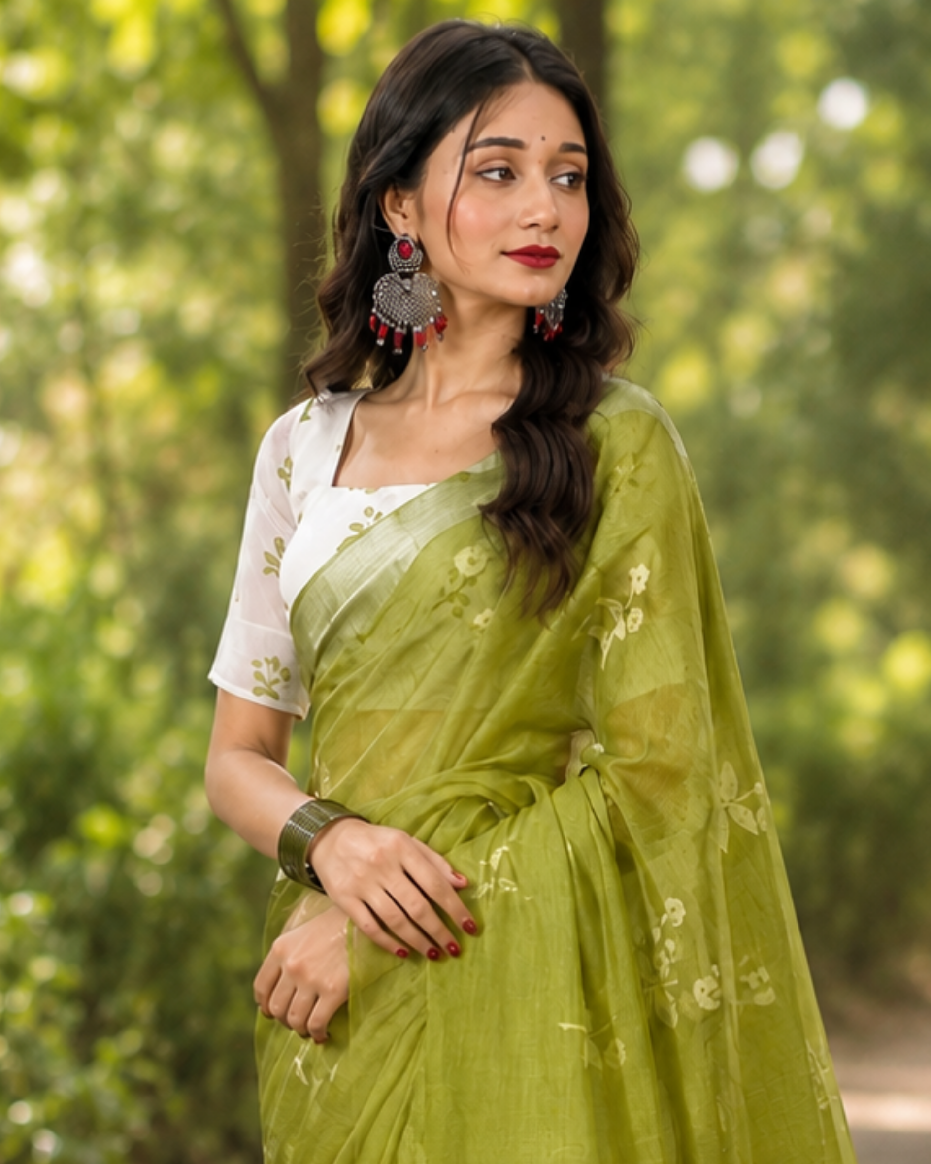 Olive Green Floral Chanderi Saree