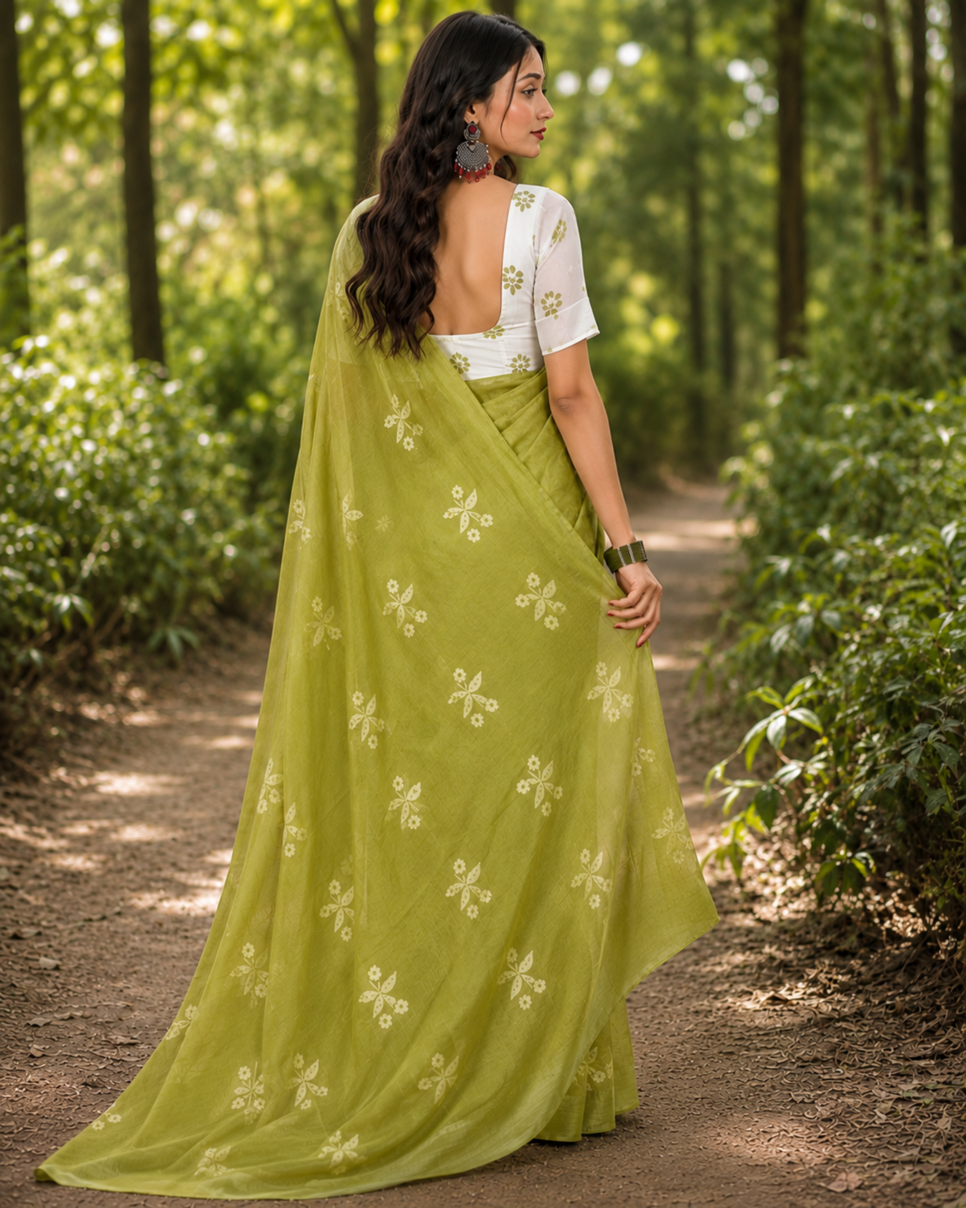 Olive Green Floral Chanderi Saree