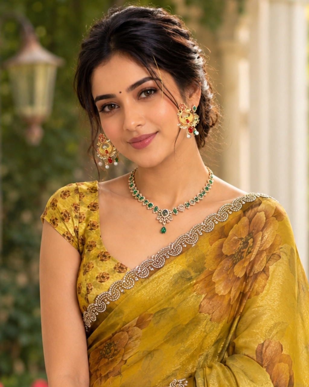 Mustard Ochre Watercolor Floral Fandy Silk Saree