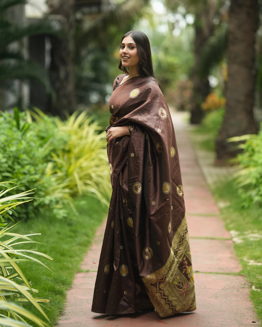 Deep Coffee Brown Silk Saree with Swan Butta