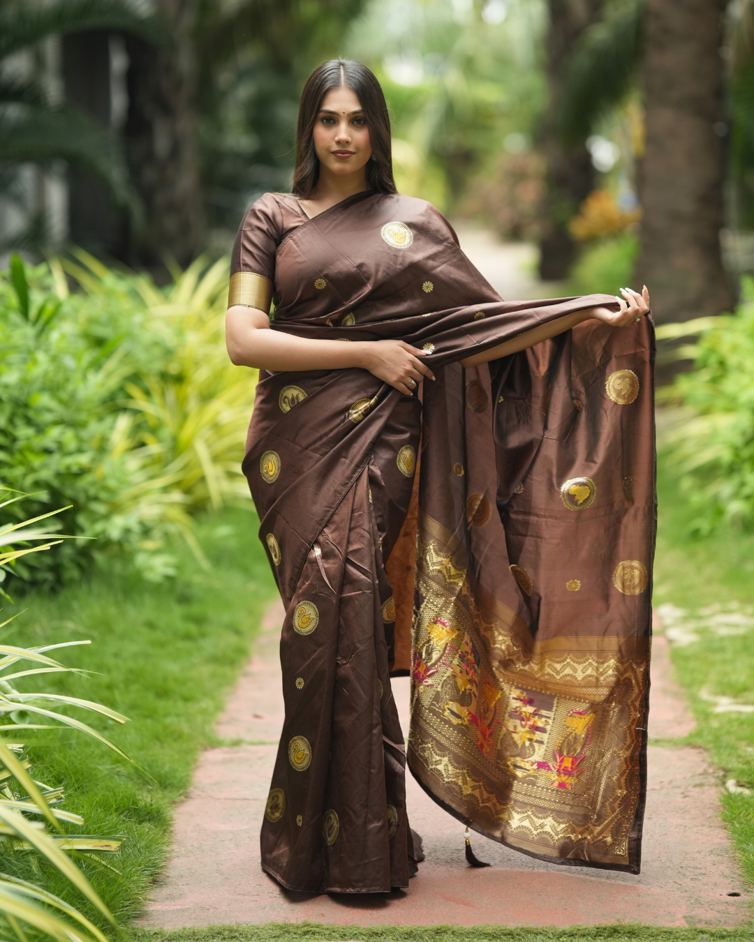 Deep Coffee Brown Silk Saree with Swan Butta