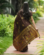 Deep Coffee Brown Silk Saree with Swan Butta
