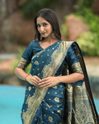 Peacock Blue Floral Zari Silk Saree