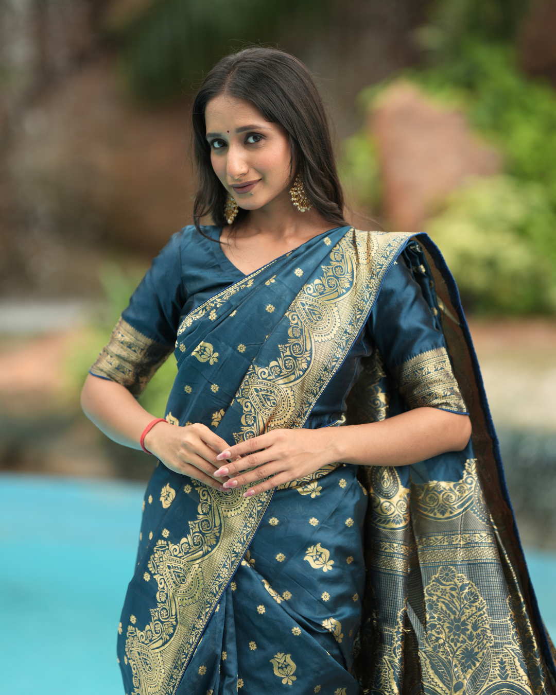 Peacock Blue Floral Zari Silk Saree
