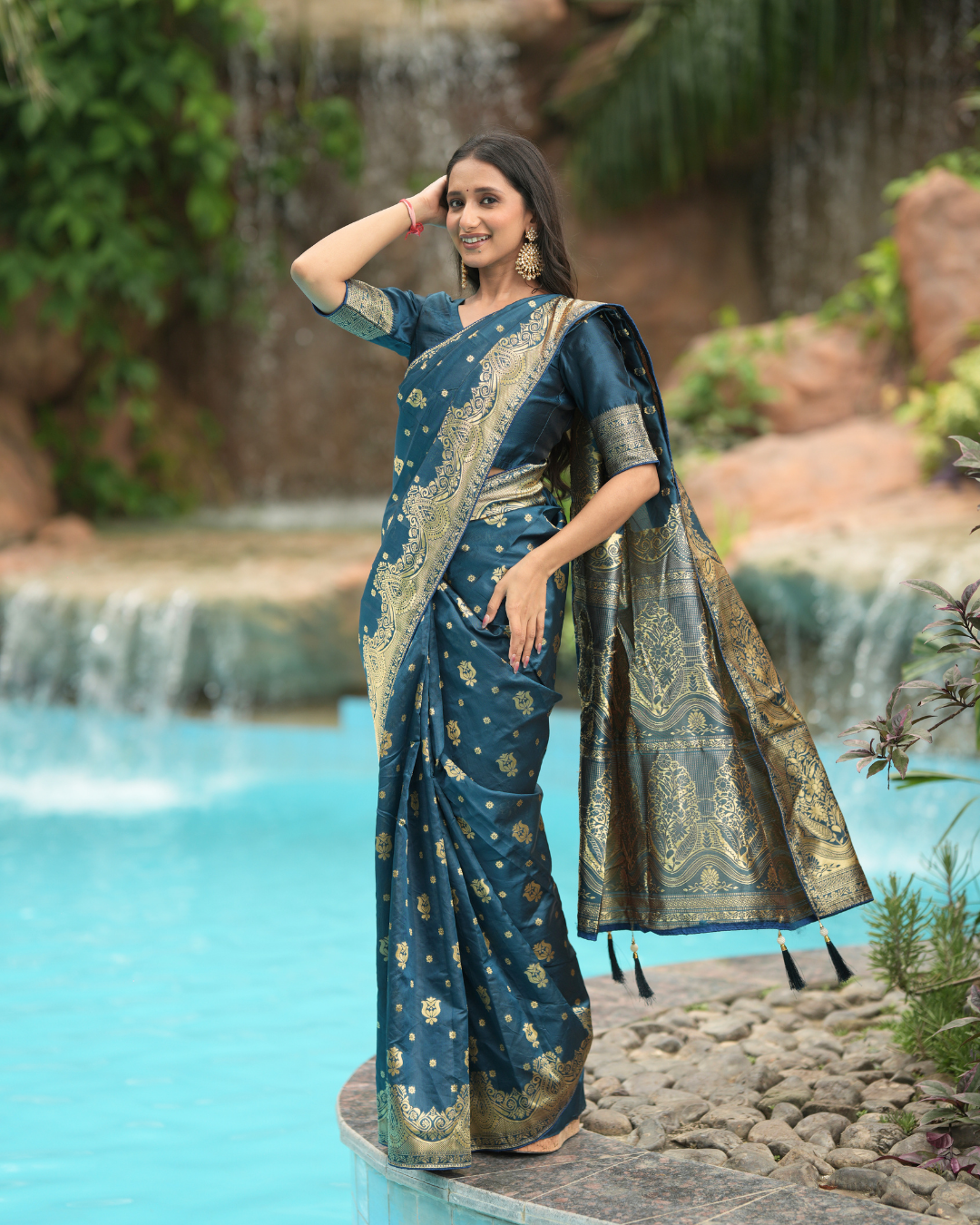 Peacock Blue Floral Zari Silk Saree