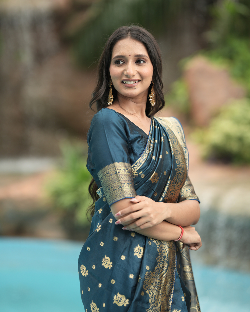 Peacock Blue Floral Zari Silk Saree