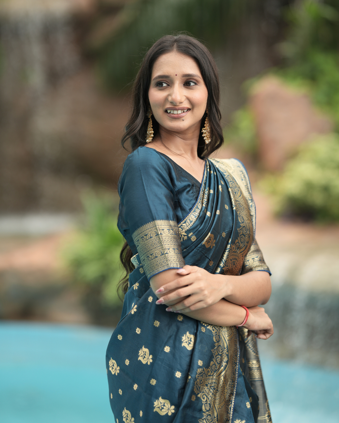 Peacock Blue Floral Zari Silk Saree