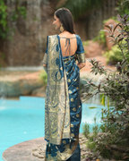 Peacock Blue Floral Zari Silk Saree