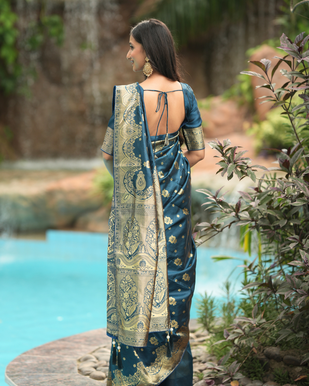 Peacock Blue Floral Zari Silk Saree