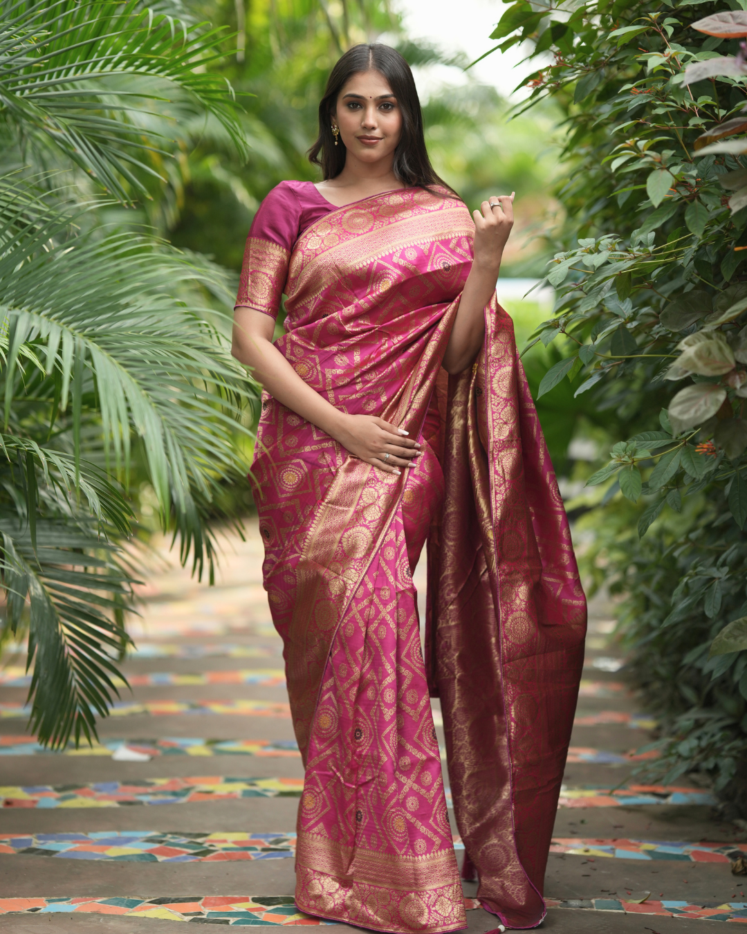 Magenta Pink Geometric Brocade Silk Saree