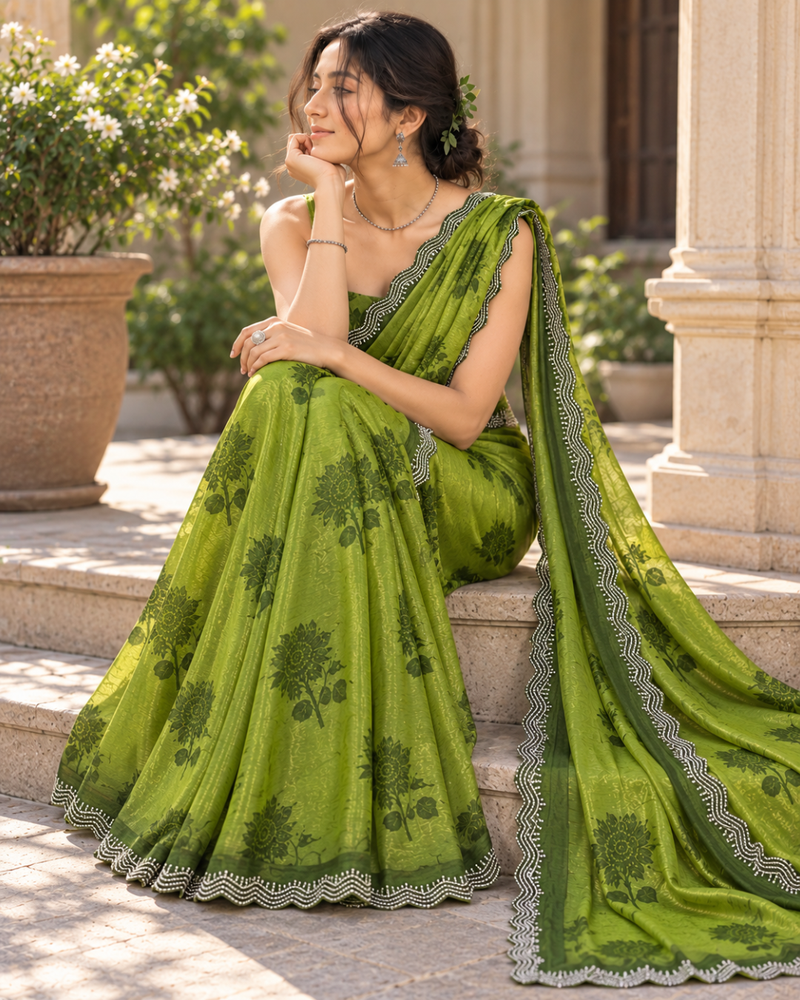 Olive Green Sunflower Print Fandy Silk Saree
