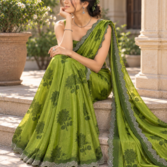 Olive Green Sunflower Print Fandy Silk Saree