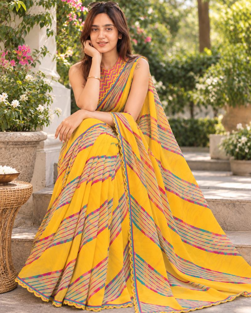 Canary Yellow Chevron Leheriya Scallop Saree