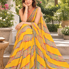 Canary Yellow Chevron Leheriya Scallop Saree