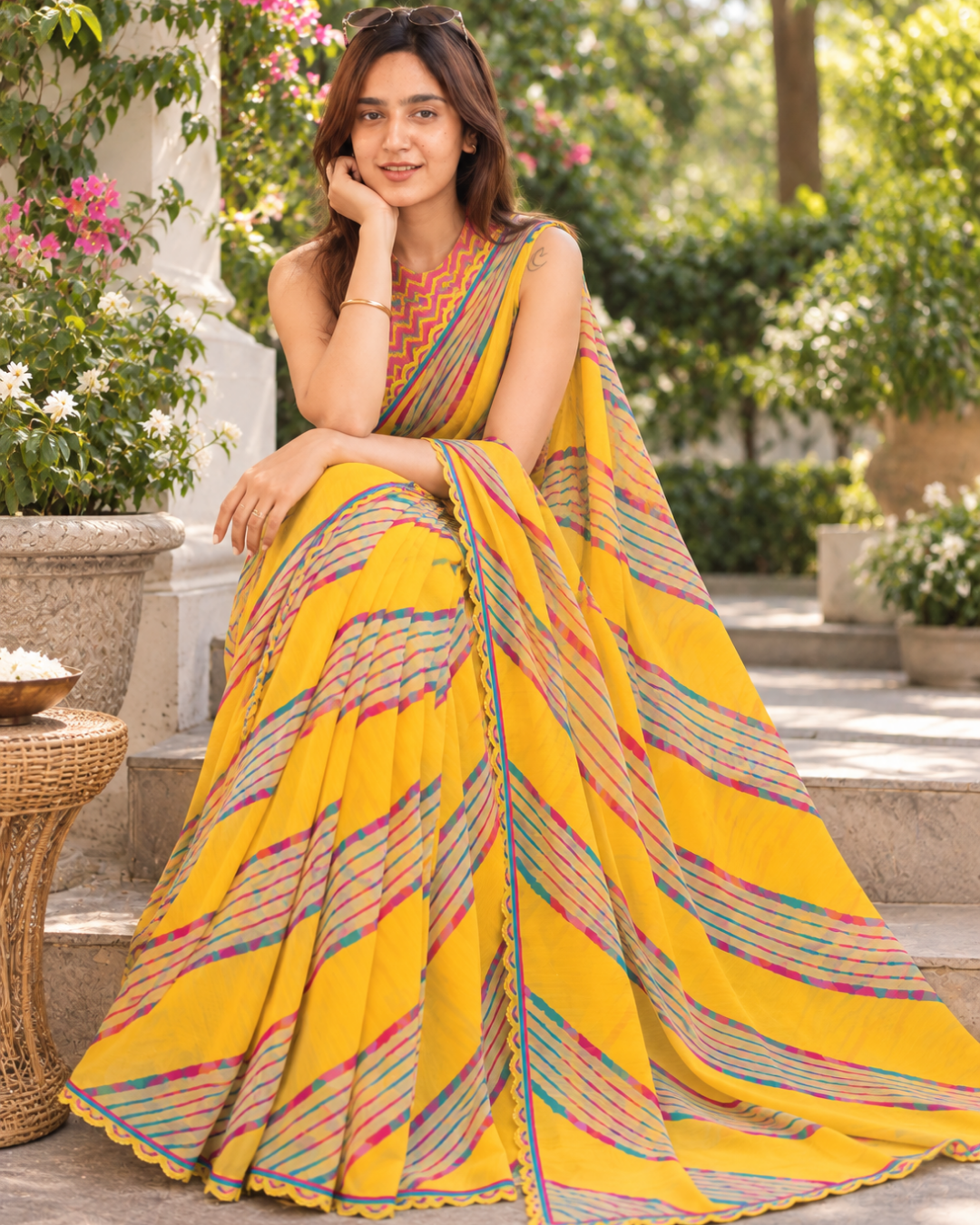 Canary Yellow Chevron Leheriya Scallop Saree