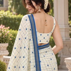 Pastel Cream Windowpane Royal Blue Chanderi Saree