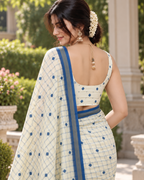 Pastel Cream Windowpane Royal Blue Chanderi Saree
