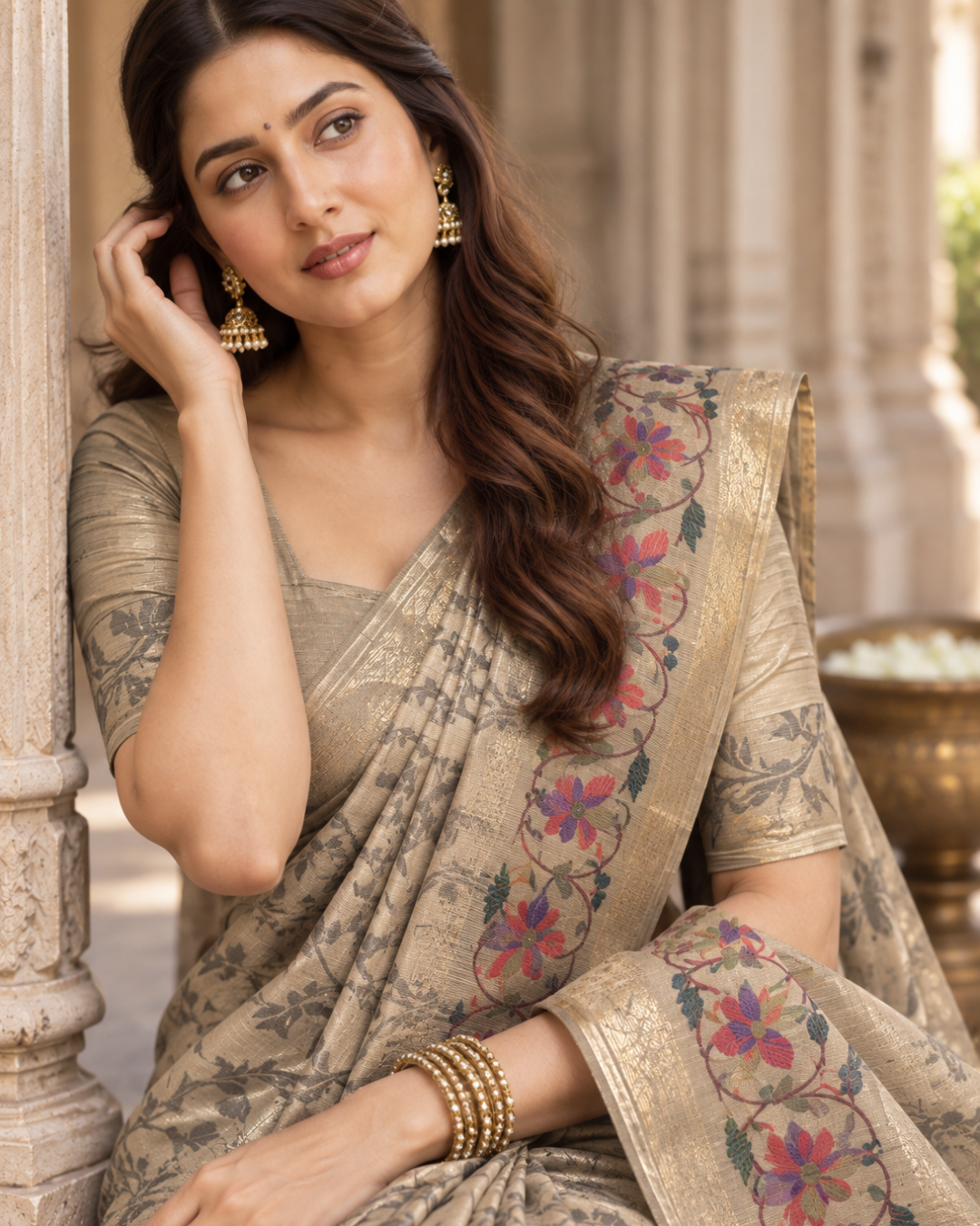 Silver Champagne Floral Vine Brocade Premium Silk Saree