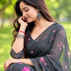 Charcoal Grey Pichwai Lotus Garden Linen Saree