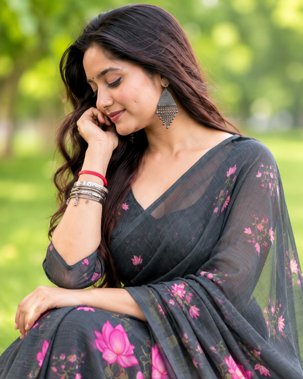 Charcoal Grey Pichwai Lotus Garden Linen Saree