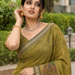 Olive Moss Green Folk Botanical Tile Premium Silk Saree