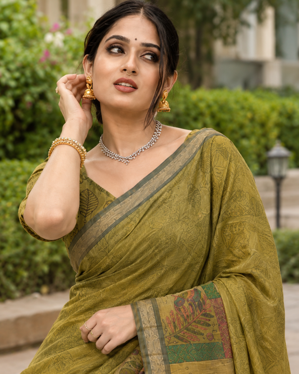 Olive Moss Green Folk Botanical Tile Premium Silk Saree