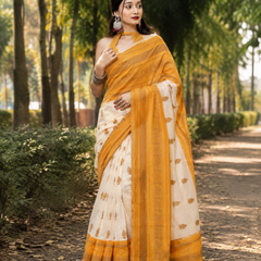 Ivory Mustard Chanderi Zari Saree
