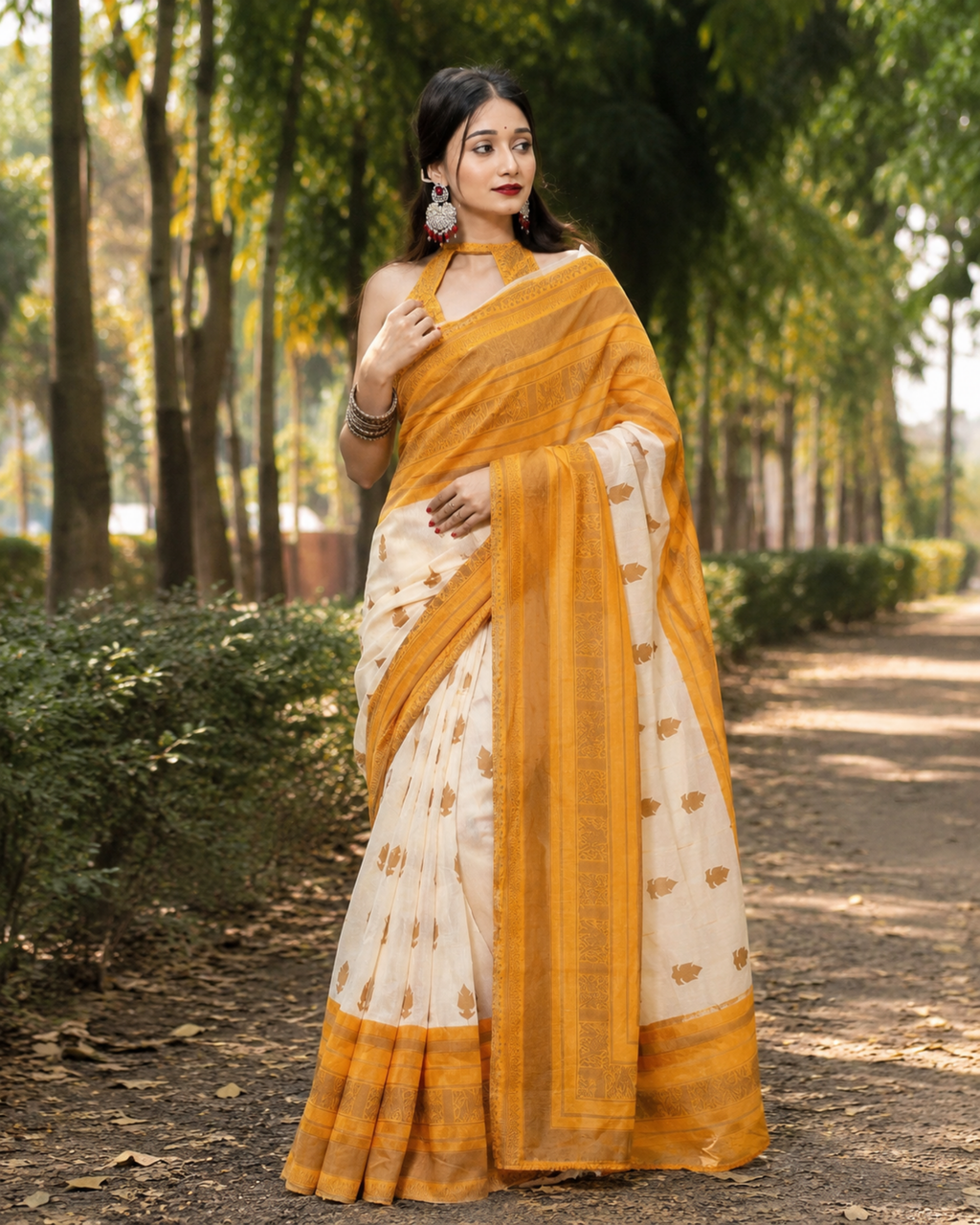Ivory Mustard Chanderi Zari Saree