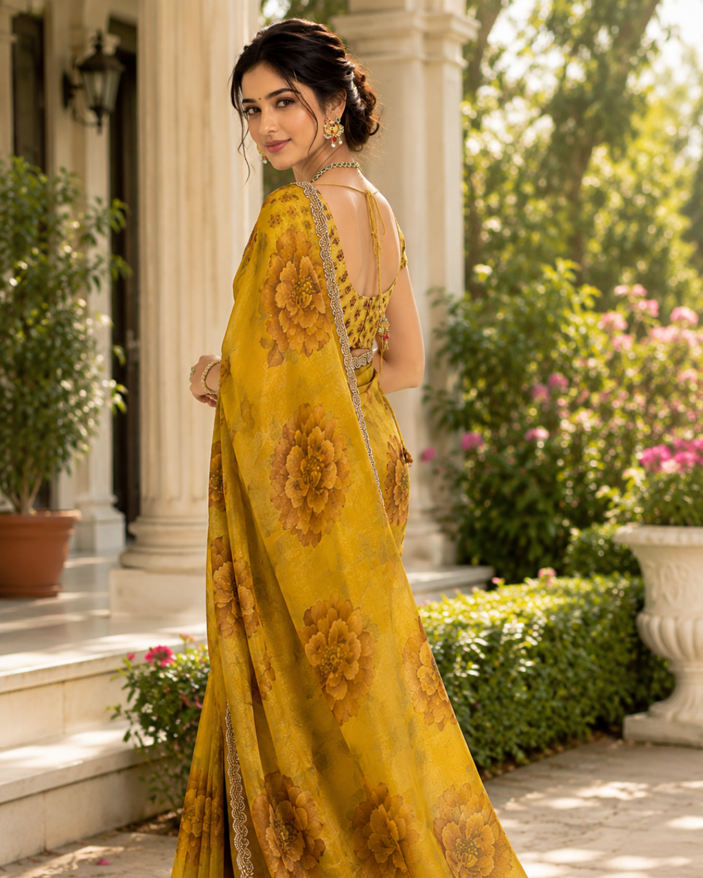 Mustard Ochre Watercolor Floral Fandy Silk Saree