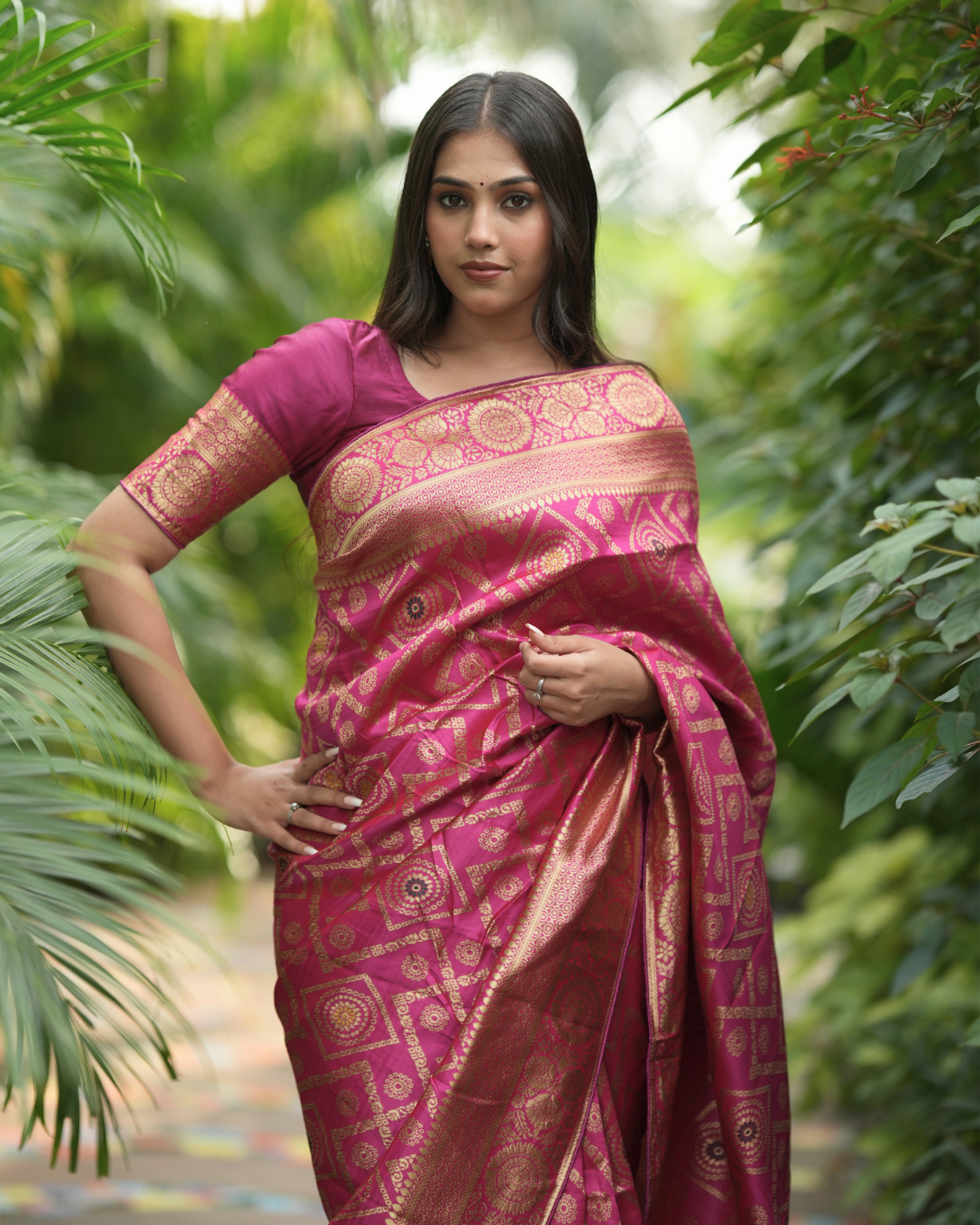 Magenta Pink Geometric Brocade Silk Saree