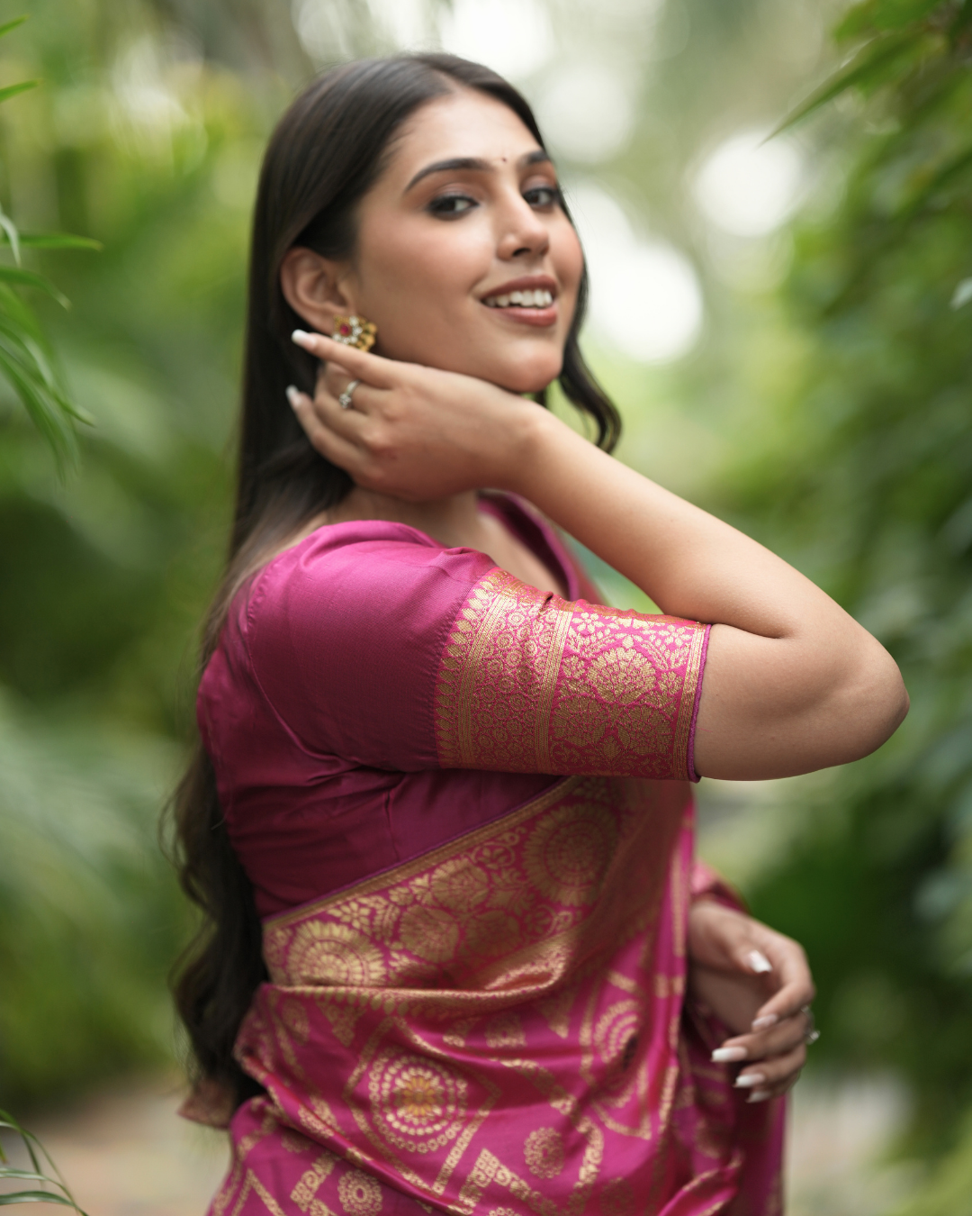 Magenta Pink Geometric Brocade Silk Saree
