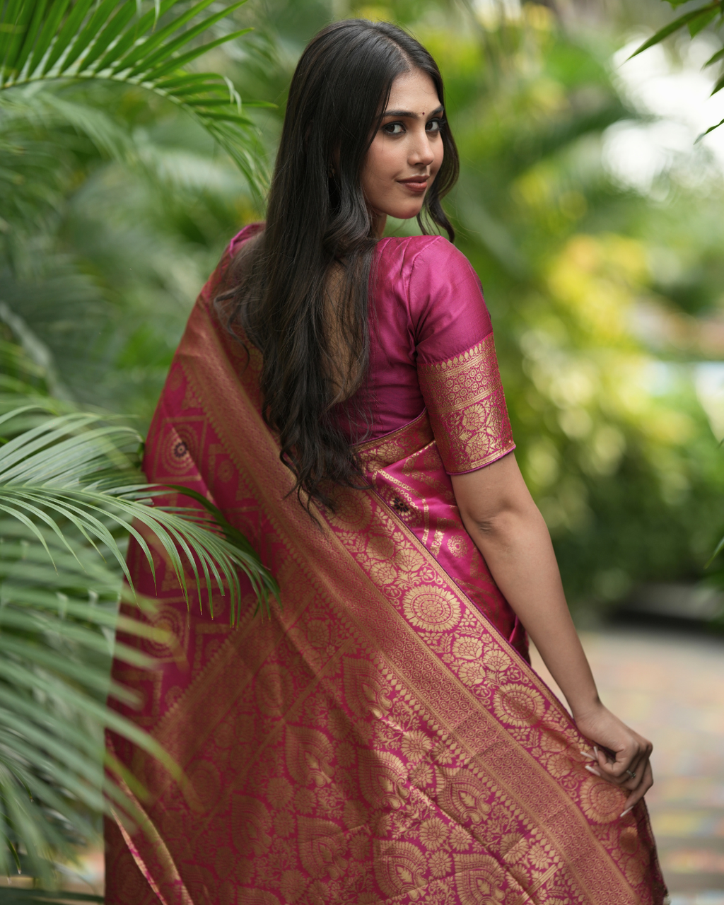 Magenta Pink Geometric Brocade Silk Saree