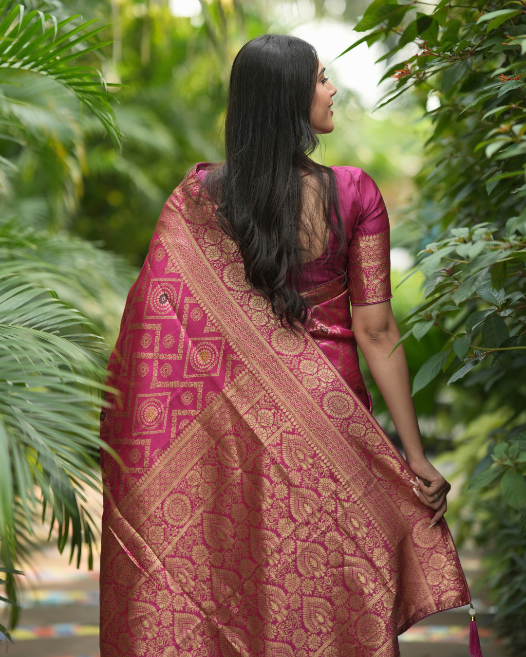 Magenta Pink Geometric Brocade Silk Saree