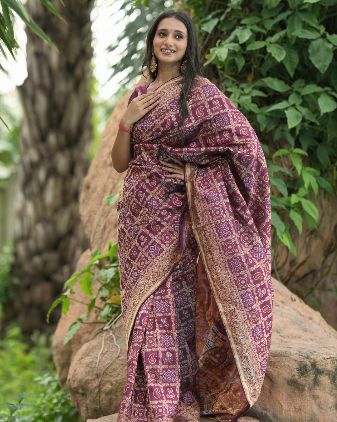 Wine Plum Bandhej Weave Silk Saree