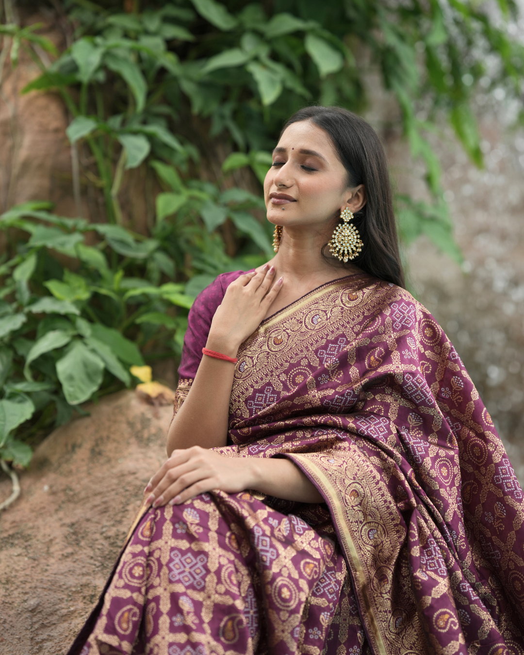 Wine Plum Bandhej Weave Silk Saree
