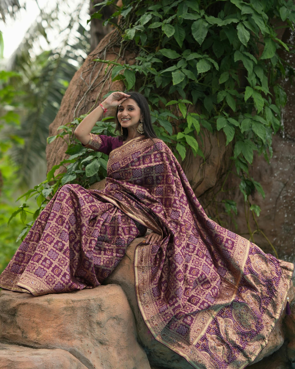 Wine Plum Bandhej Weave Silk Saree